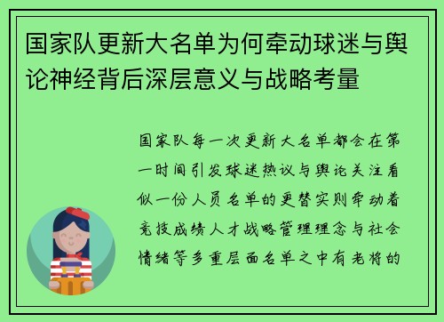 国家队更新大名单为何牵动球迷与舆论神经背后深层意义与战略考量