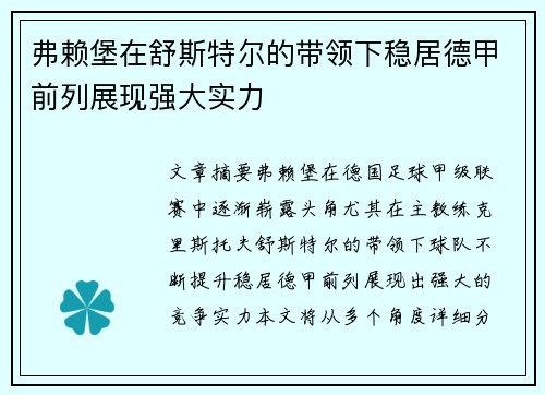 弗赖堡在舒斯特尔的带领下稳居德甲前列展现强大实力