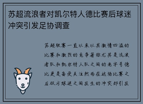 苏超流浪者对凯尔特人德比赛后球迷冲突引发足协调查