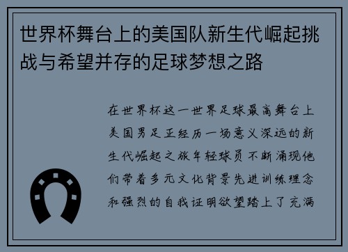 世界杯舞台上的美国队新生代崛起挑战与希望并存的足球梦想之路